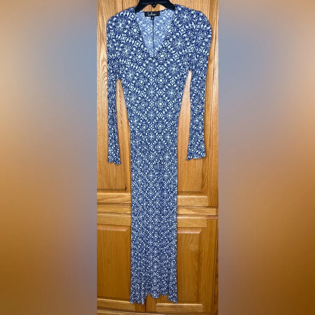 Lulus Mandala Daydream Blue Print V-Neck Long Sleeve Flowy Maxi Dress Size Small - Image 11