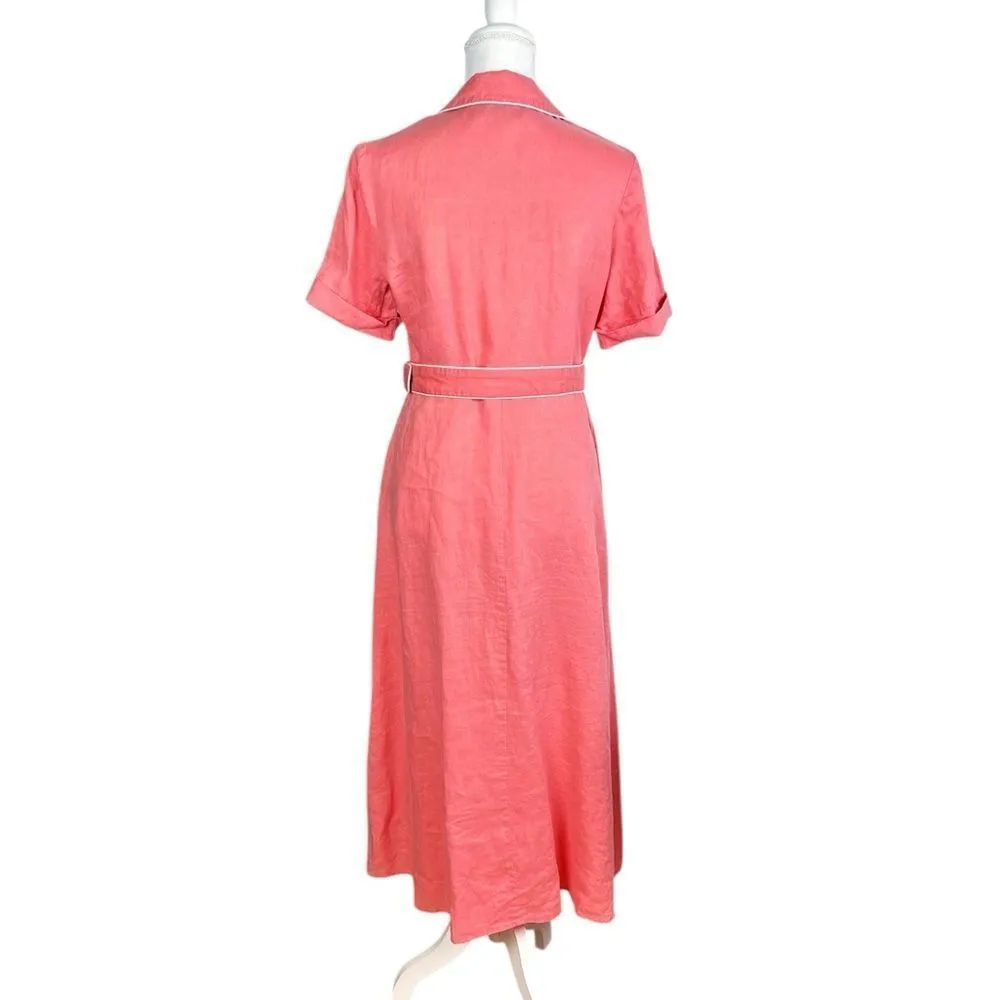 Tuckernuck Salmon Pink Button Down Collared Linen Belted Midi Dress Size Medium - Image 2