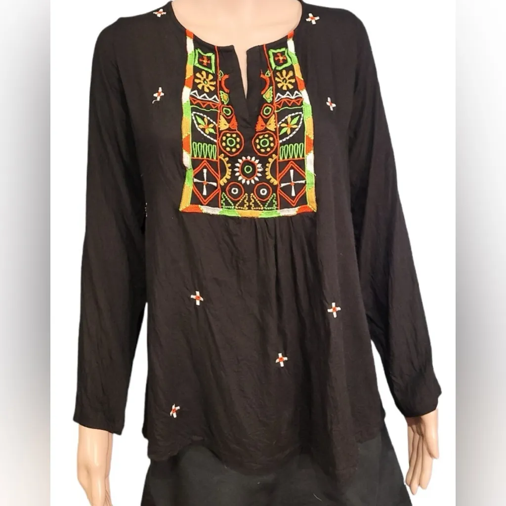 Sacred Threads Black Embroidered Boho Blouse Roll Tab Sleeves Size Small - Image 2
