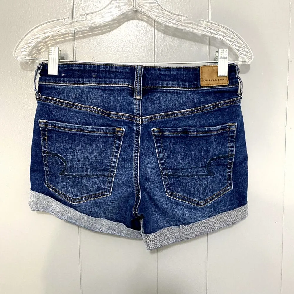 American Eagle Blue Dark Wash Denim Mid Rise 3" Summer Classic Midi Shorts 4 - Image 3