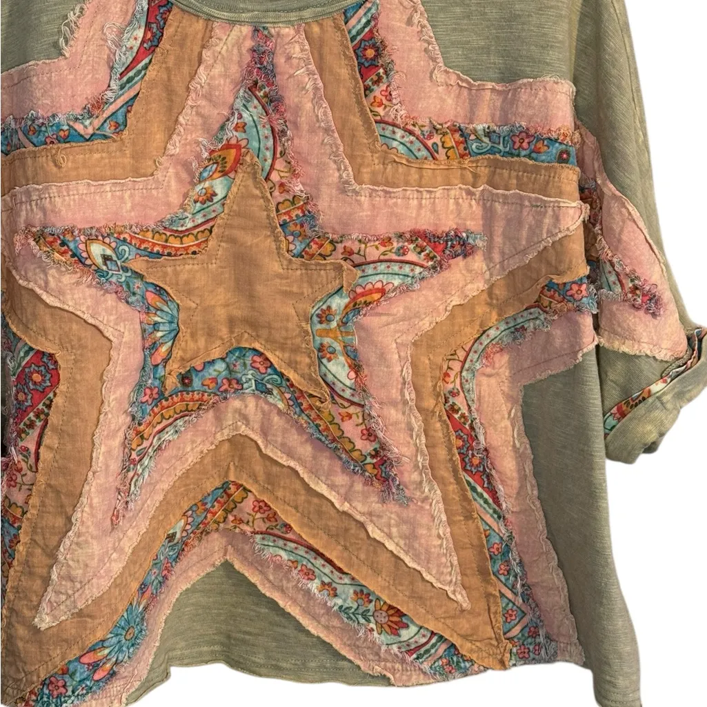 Oli & Hali Women’s Sz Medium Multi Print Star Patchwork Top Boho Green Pink - Image 5