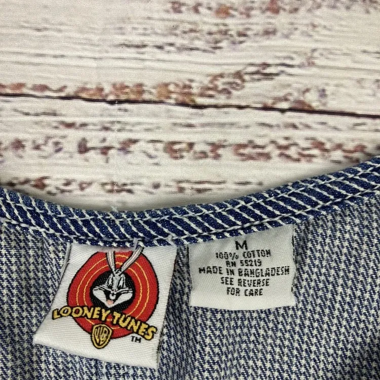 Vtg 90s Looney Tunes Tweety Bird Sylvester Denim Stripe Overall Shorts‎ Romper M Blue Size M - Image 2