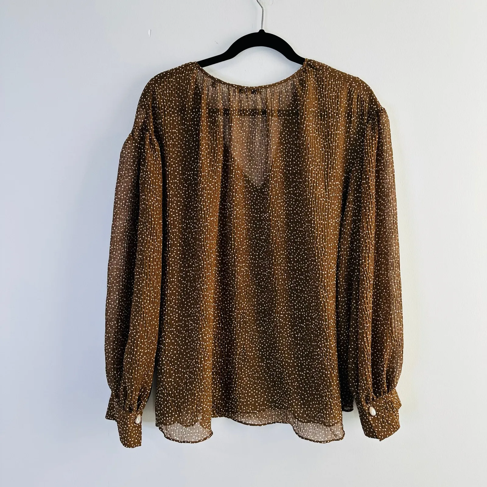 Vince Starry Dot Blouse Women's Large Brown Blouson Long Sleeves Crinkle Pleats - Image 6