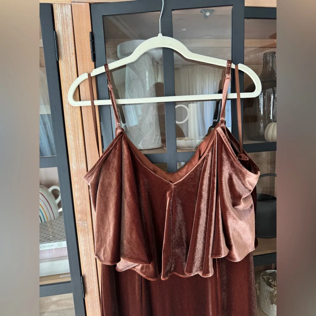 Revelry Riley Convertible Velvet Dress gown rust off shoulder maxi fit flare Orange Size 14 - Image 3
