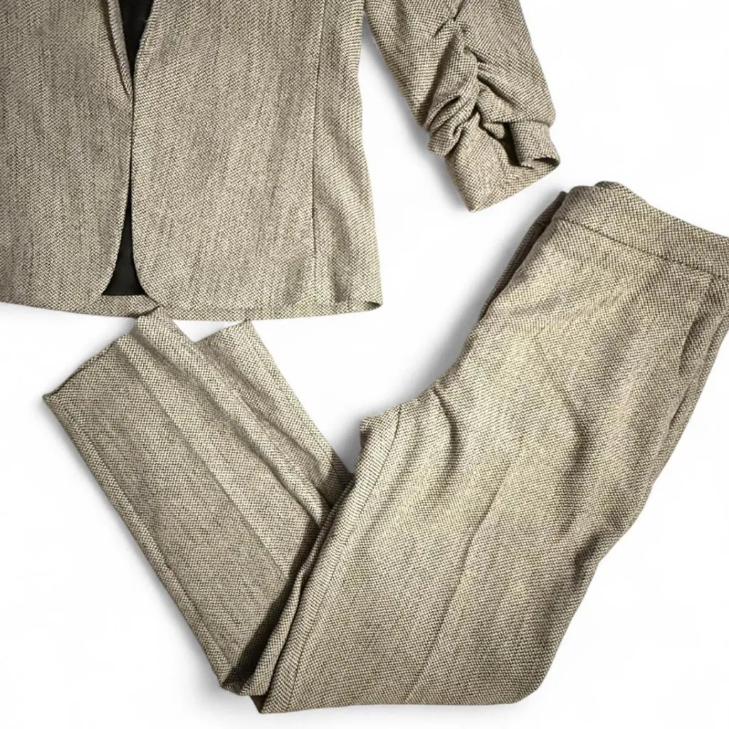 H&M Women's Beige Tweed Blazer & Pants Suit Set Size 2 Workwear Gray - Image 3