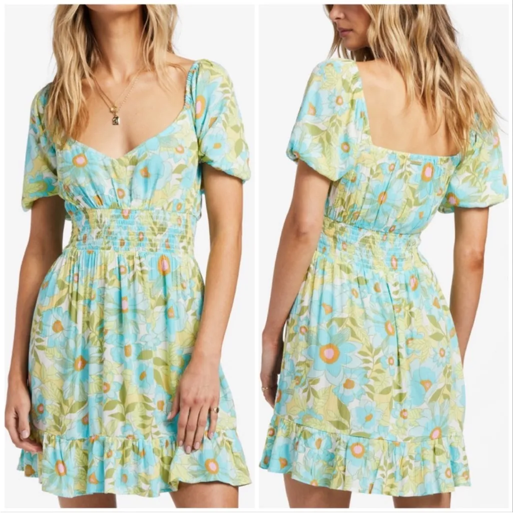 Billabong Something Pretty Floral Mini Dress in Blue/Yellow Floral - Image 9