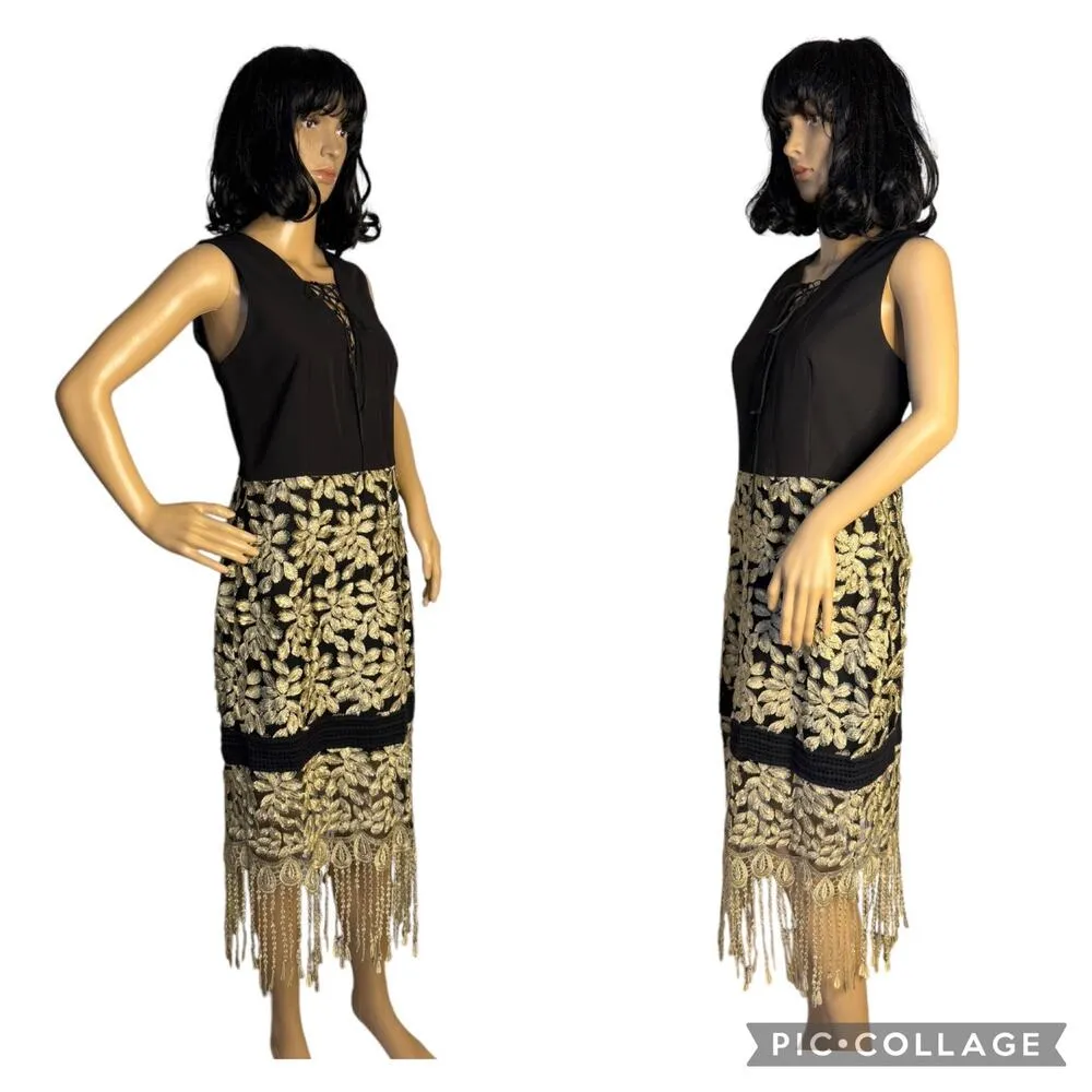 Belle Badgley Mischka Black & Gold Fringe Hem Formal sleeveless Dress 12 - Image 4