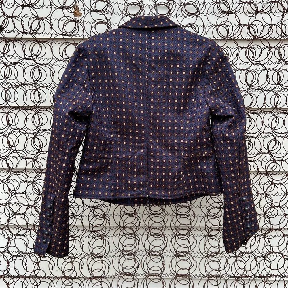 Free People Shrunken Jacquard Jacket Blazer Navy Maroon Geometric SMALL - Image 5
