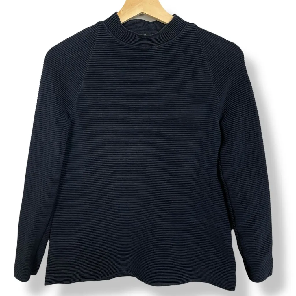 COS Ripple Stitch Top Sweatshirt Navy Blue Mock Neck Women XS Long Sleeve Ribbed - Image 8