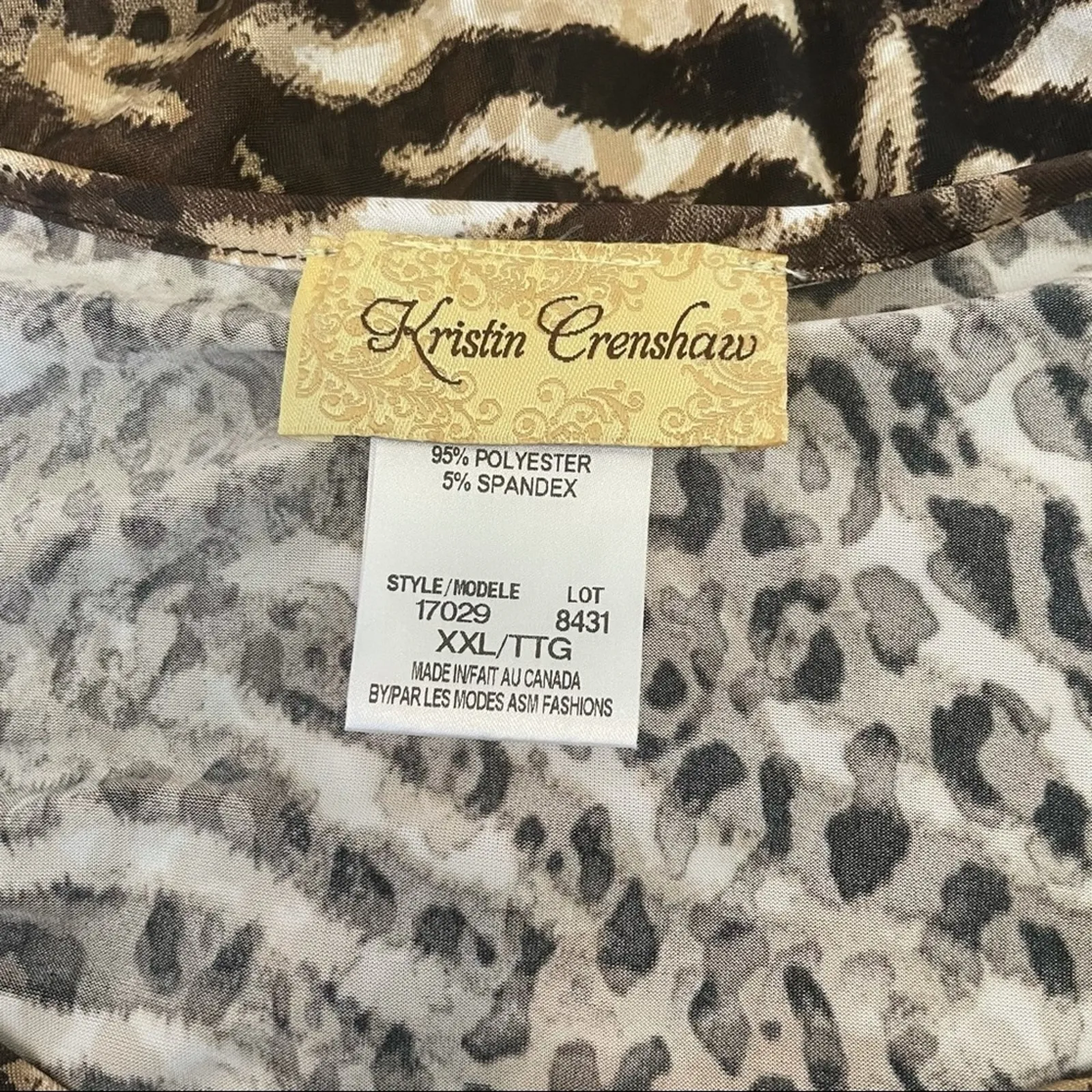 Kristen Crenshaw 3/4 Sleeve Animal Print Top XXL Brown - Image 5