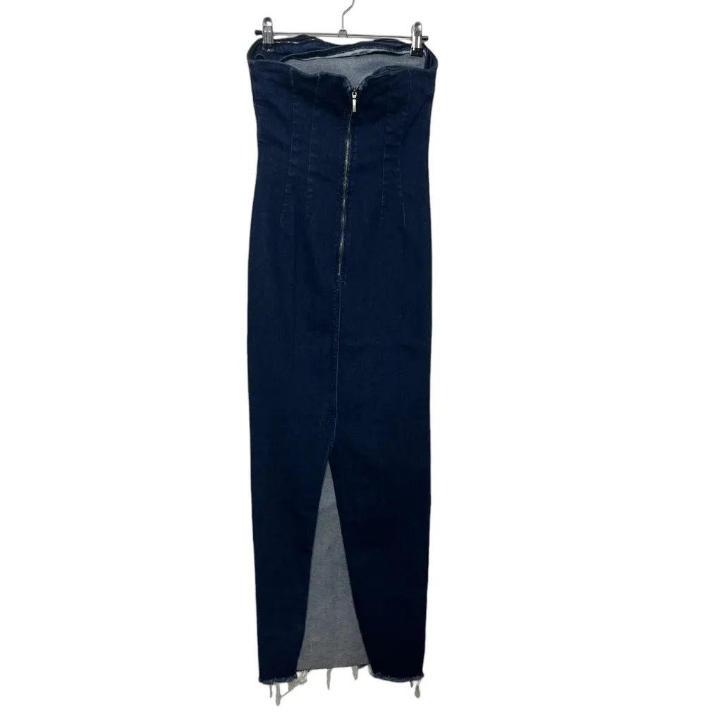 Zara Strapless Denim Maxi Dress Blue Women’s Medium Bodycon Zipper Slit Hem - Image 5