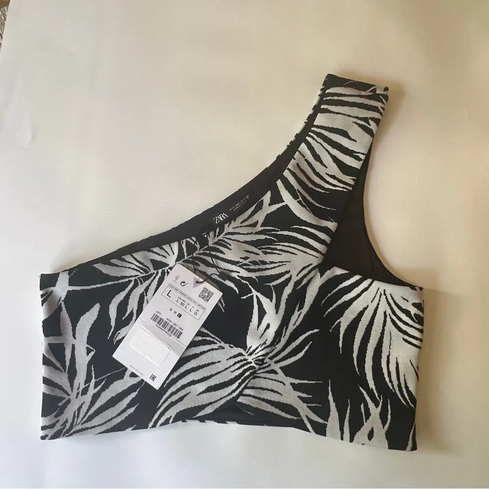 Zara Women’s One Shoulder Palm Print Jacquard Cross Over Crop Top Sz M NWT - Image 4