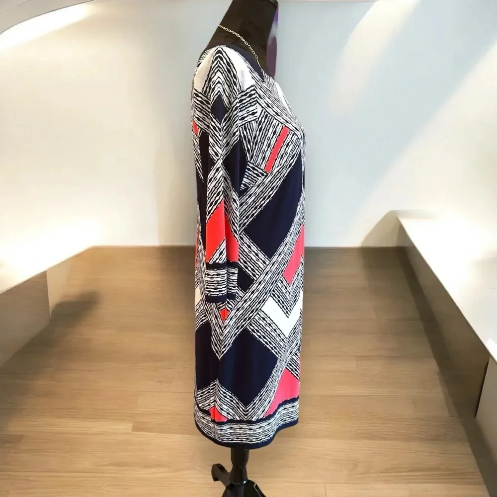 Vince Camuto Geometric Print‎ Long Sleeve Shift Dress Navy Coral White Size 12 - Image 3