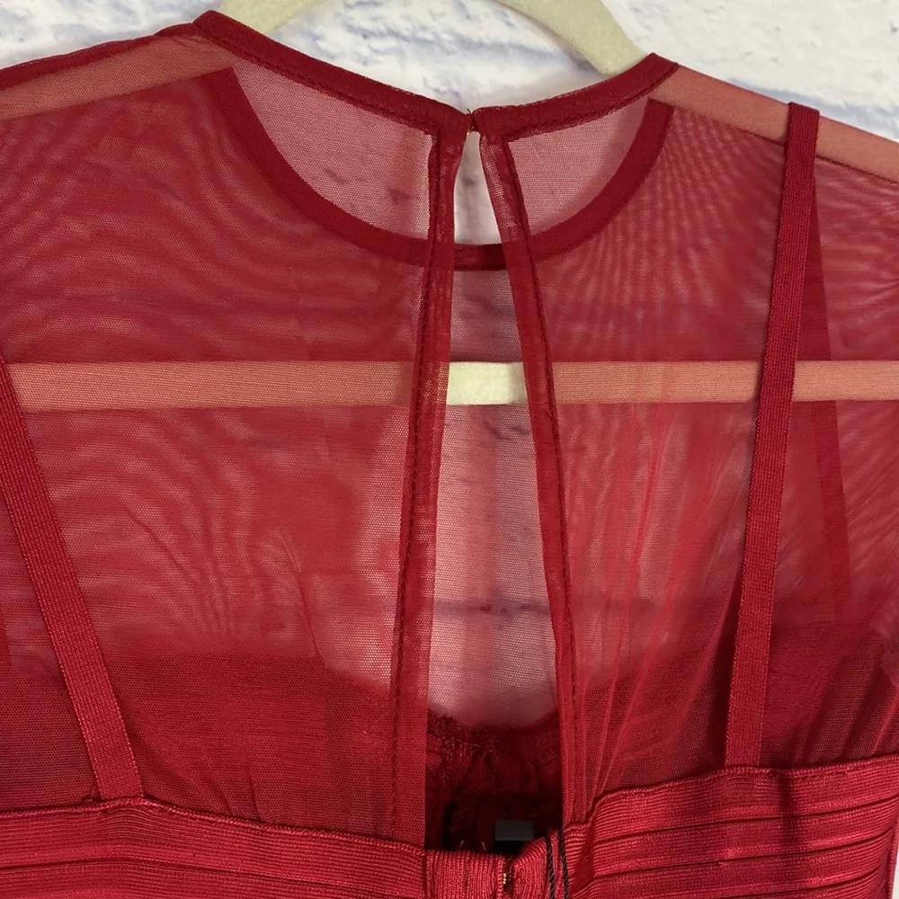 House of CB Noelle wine red bandage bodycon sheer sleeve mini dress XS - Image 5