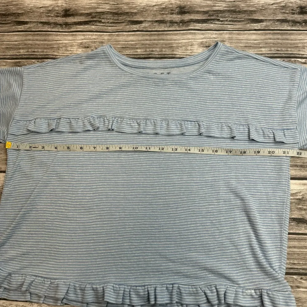 LOFT Women's Stripe Ruffle Soft Tee T Shirt Blouse Top M Med Medium Blue White - Image 11