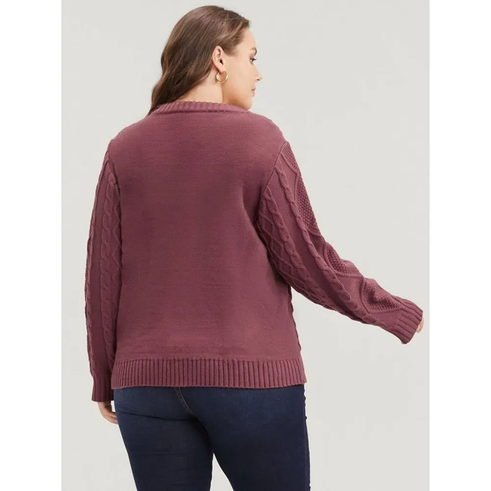Bloomchic Pointelle Knit Round Neck Geometric Cable Knit Sweater Burgundy 12 - Image 6