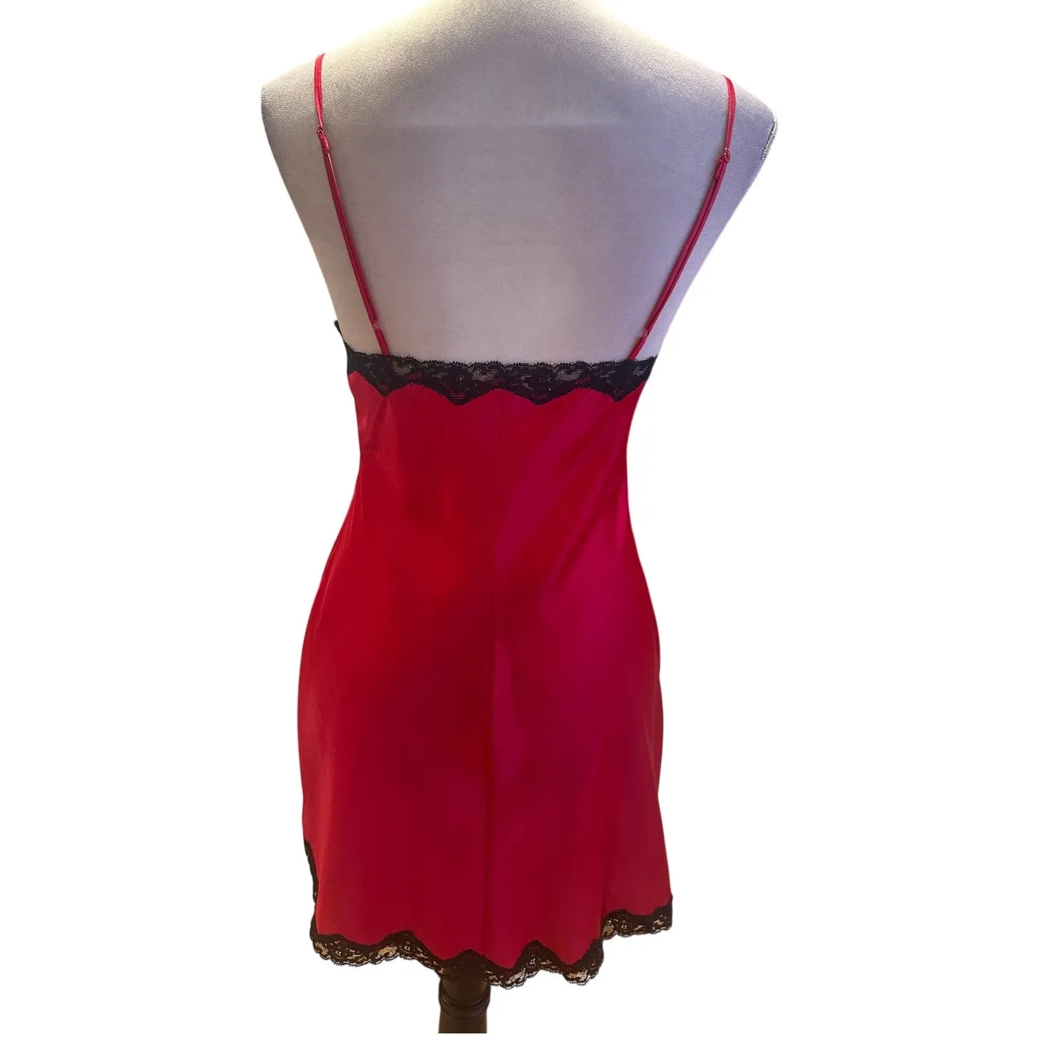 Victoria's Secret Satin Red Slip Dress With Black Lace Trim Side Slit S - Image 5