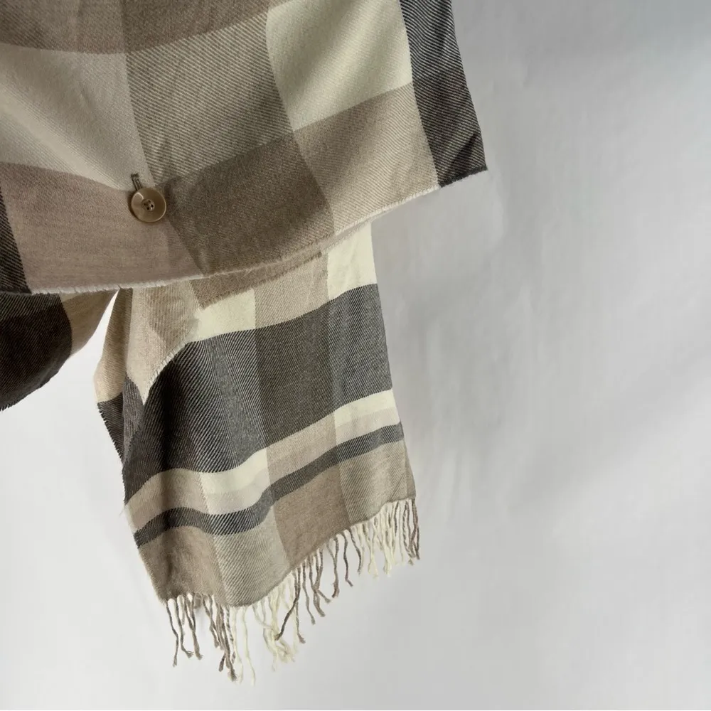 V. Fraas Plaid Flannel Cable Knit Sweater CowlNeck Fringe Poncho Neutral - Image 10