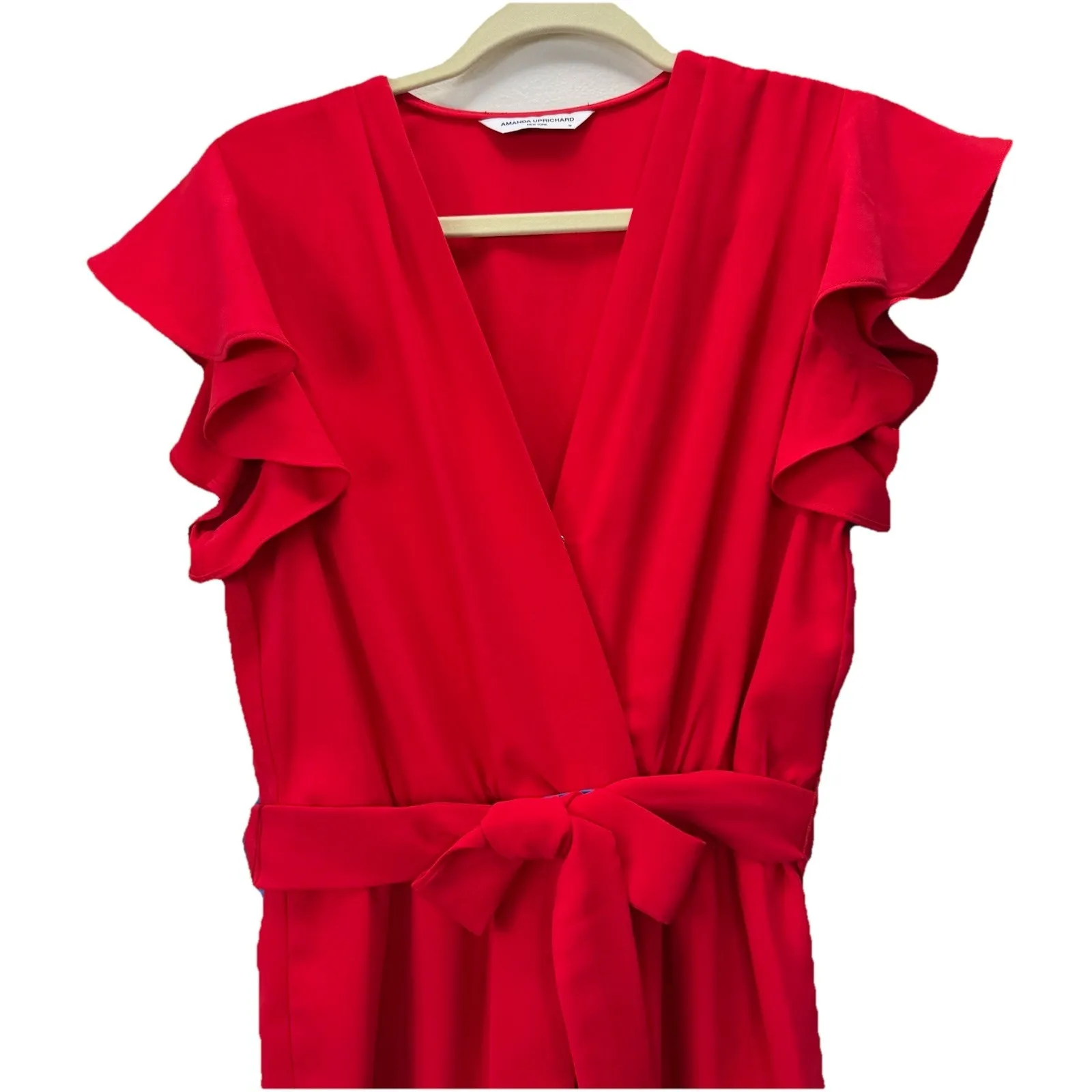 Amanda Uprichard Red Martinique Midi Dress Ruffle‎ Sleeve Tulip Hem Belt MEDIUM - Image 7