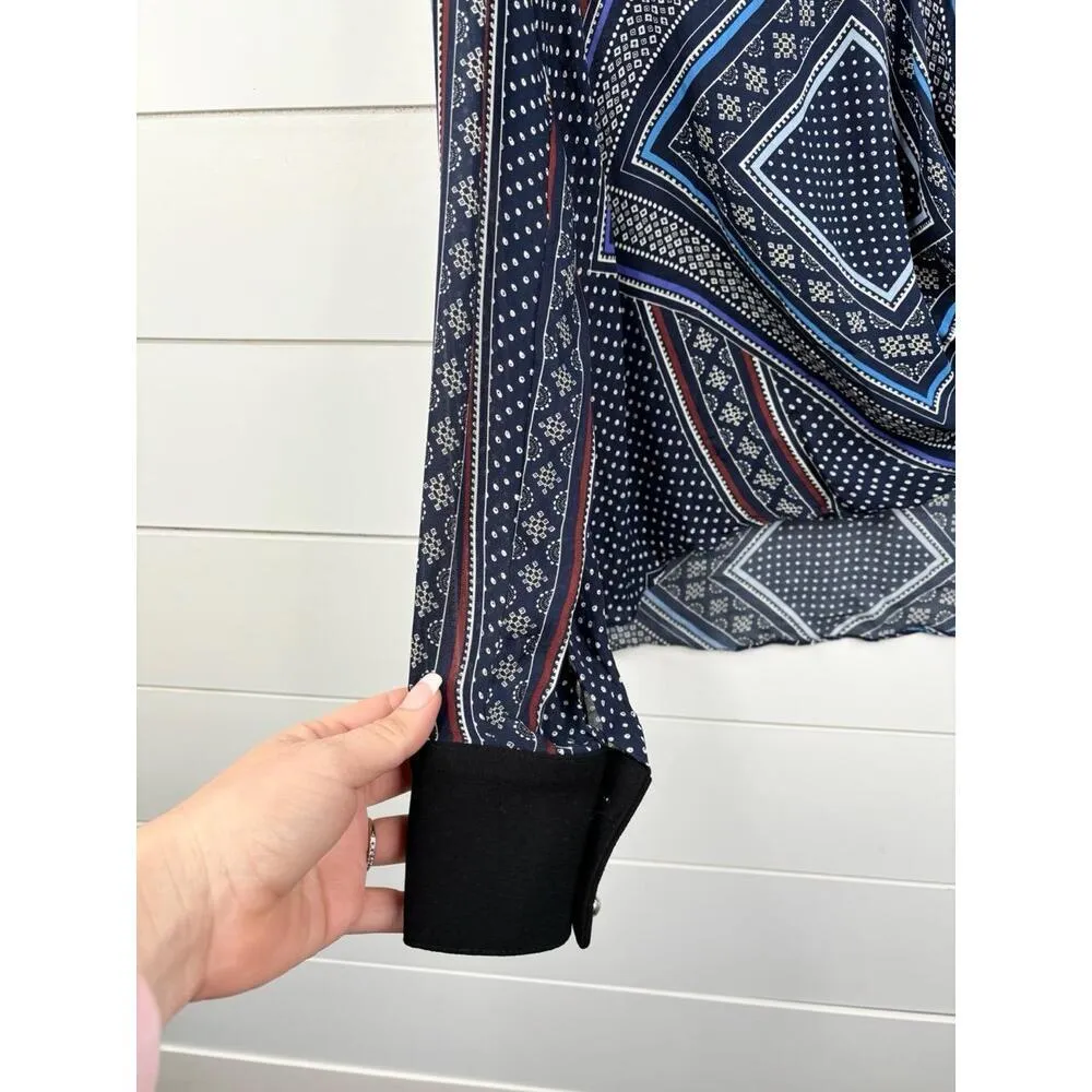 Derek Lam 10 Crosby Long Sleeve V-Neck Swirl Print Womens Blue Top Size 4 Silk - Image 5