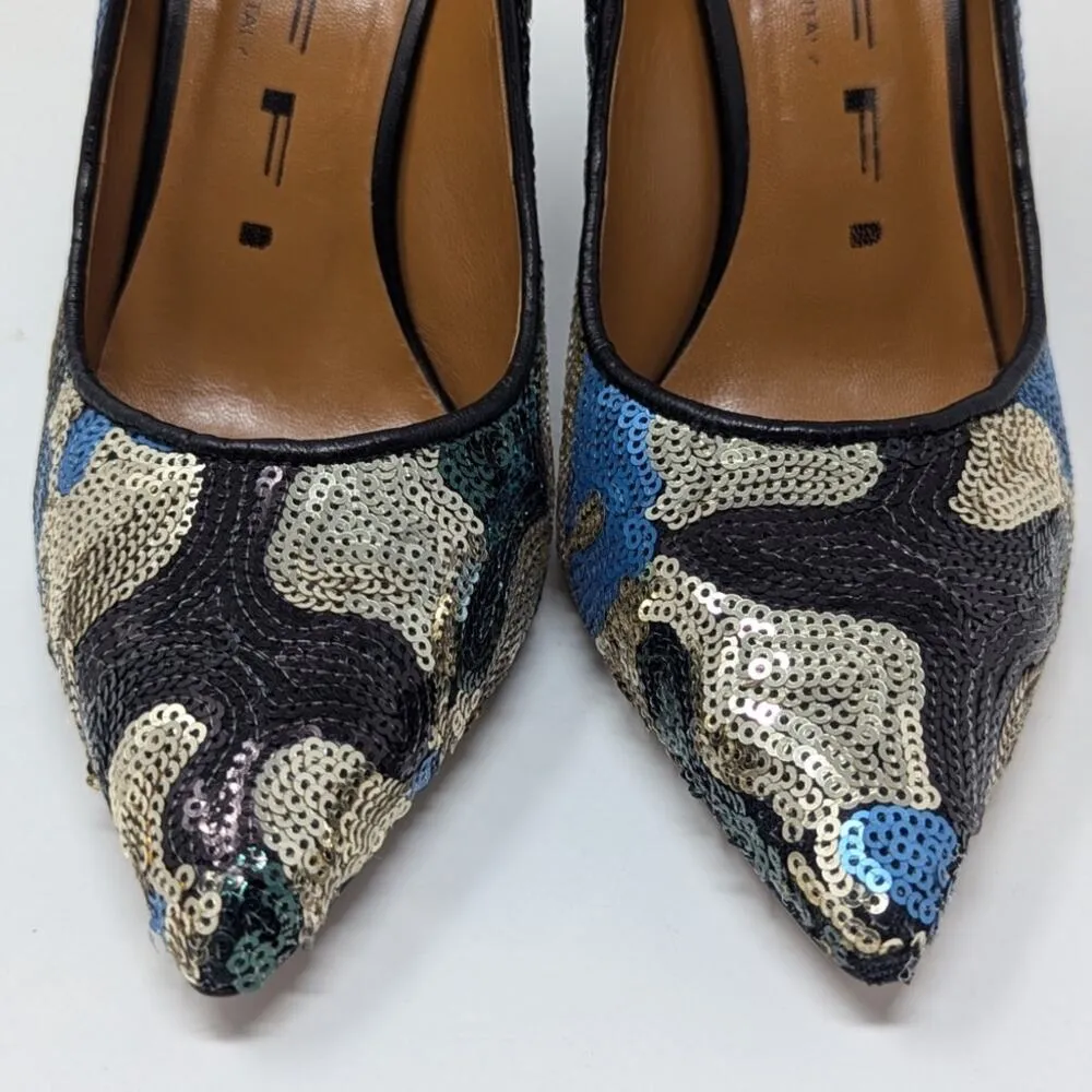 TIFFI Sequin Pointed Toe Block Heels Black Gold Blue Size 37 - Image 4