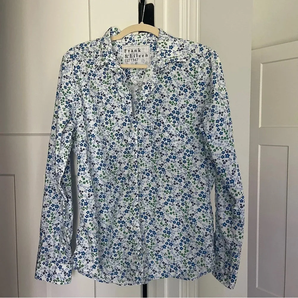 Frank & Eileen Barry signature crinkle Cotton Button-Up Shirt BLUE-GREEN FLOWERS - Image 3