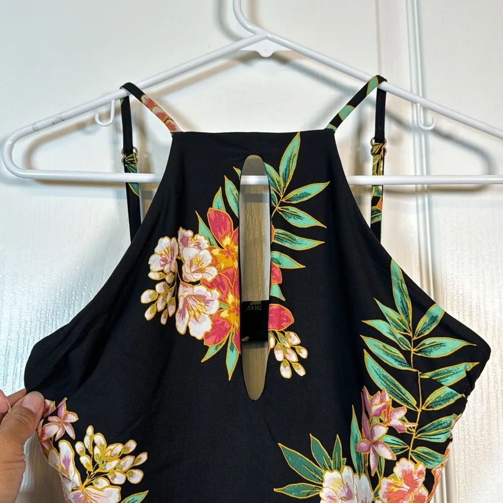 Becca Plunge Black Tropical Floral Open Back Slits Swimsuit XL EUC #0960 - Image 3