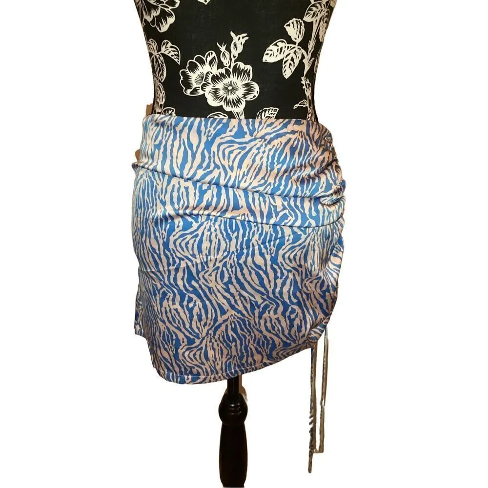 Zebra Satin Scrunch Skirt Animal Print Sexy Clubwear Blue - Image 5