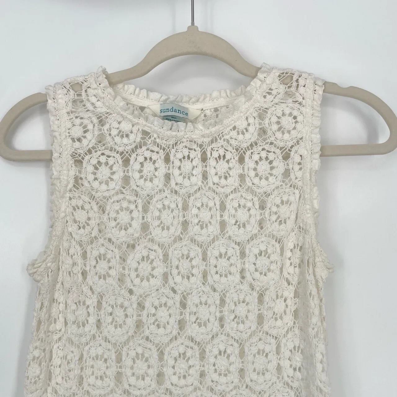 Sundance Womens Open Crochet Knit Boho Cream Sleeveless Beach Coverup Dress S - Image 3