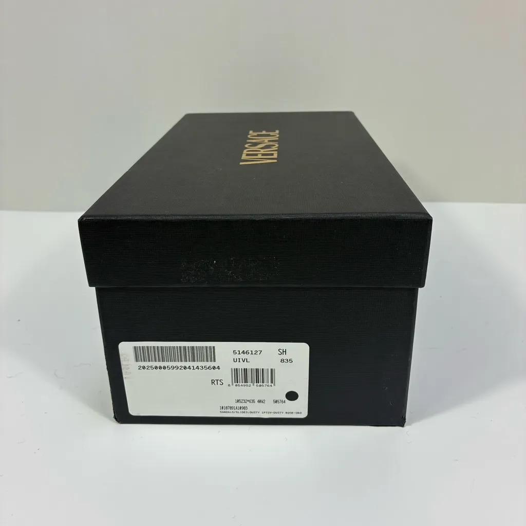 Versace Gianni Slides Gomma Ribbon Medusa Sandals Pink Gold 40 NEW Greek Key - Image 16