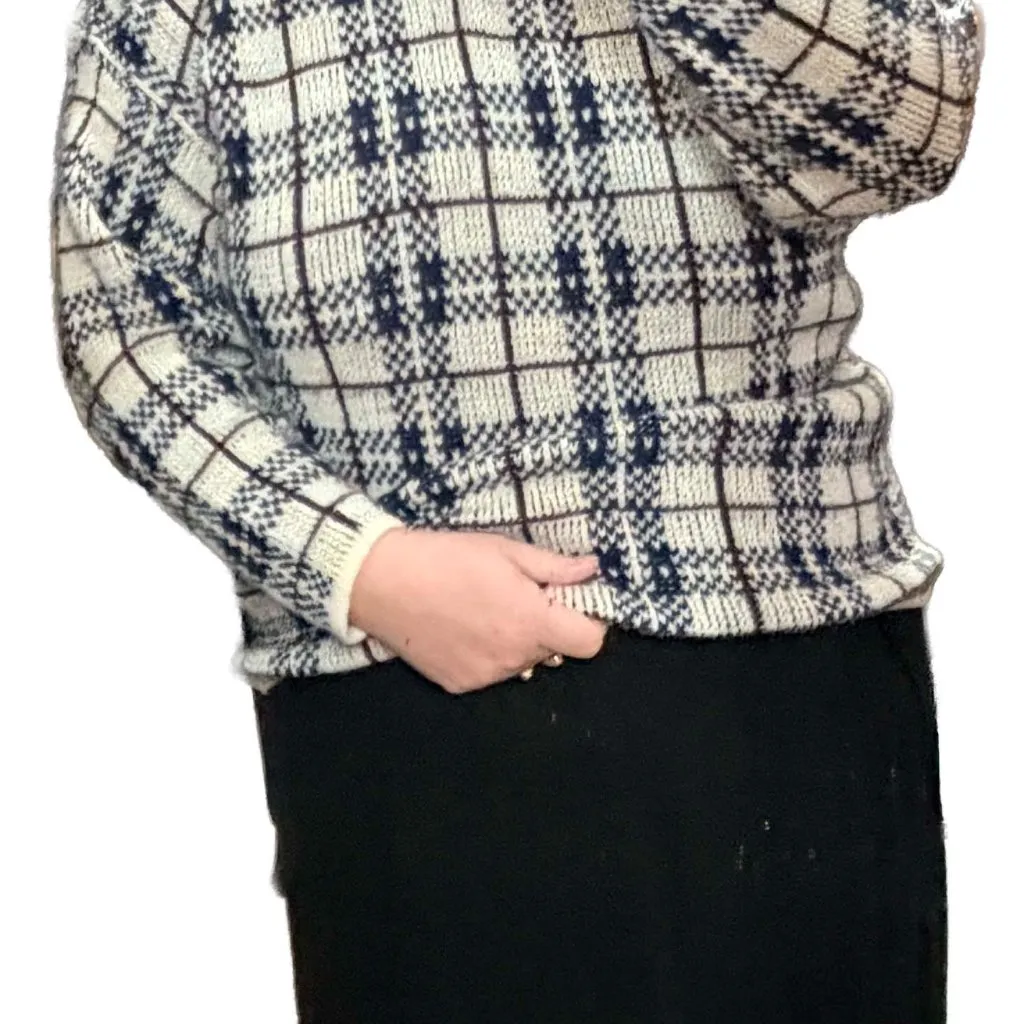 Vintage Huntington Ridge Geometric Sweater XL Navy Cream Burgundy Knit 80s White - Image 6