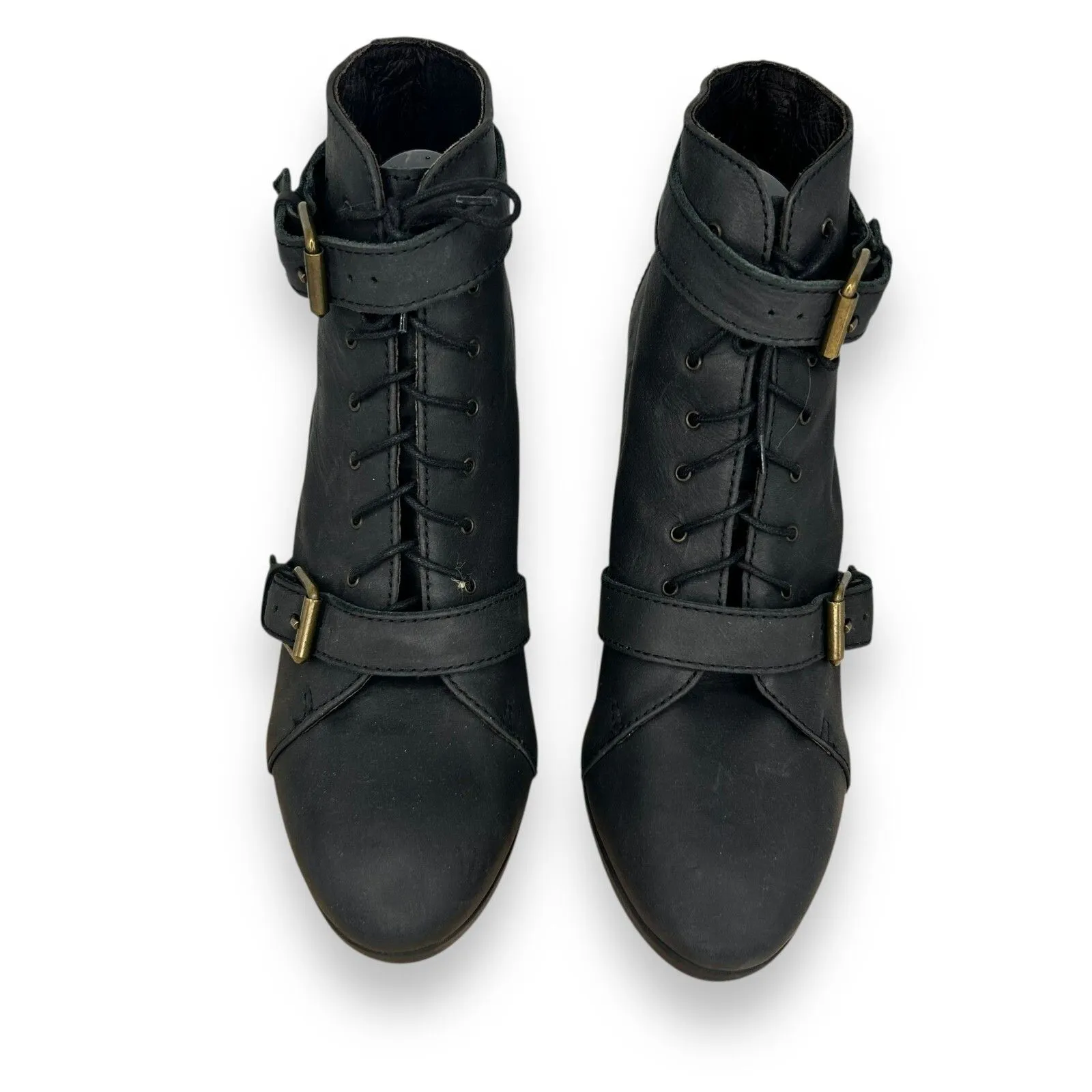 MADEWELL 1937 Wedge Boot Women 10  Black-ish Leather Chukka Buckle 3.5"‎ Heel - Image 6