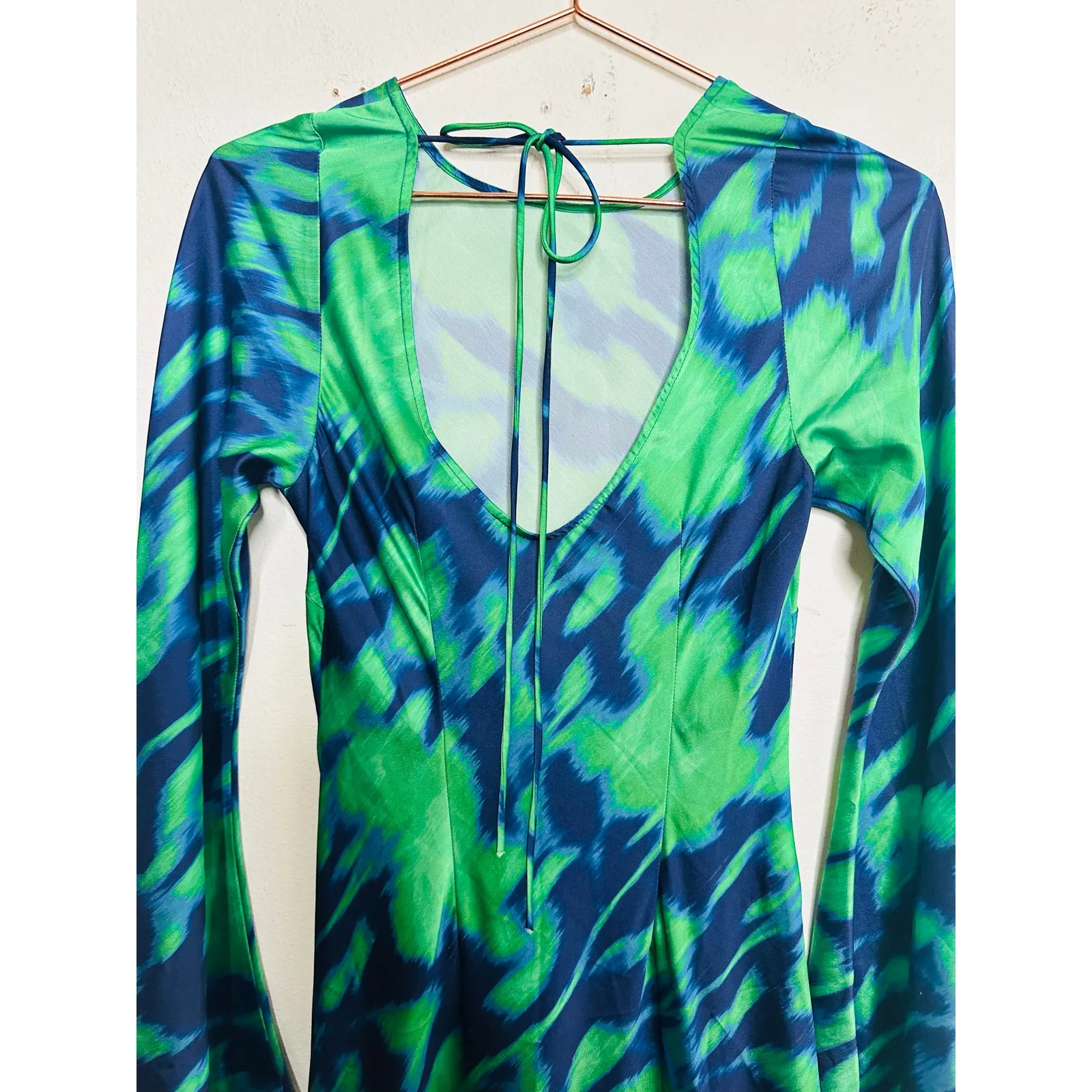 Free People THE WOLF GANG Calypso Green Blue Maxi Long Sleeve Dress sz Small - Image 7