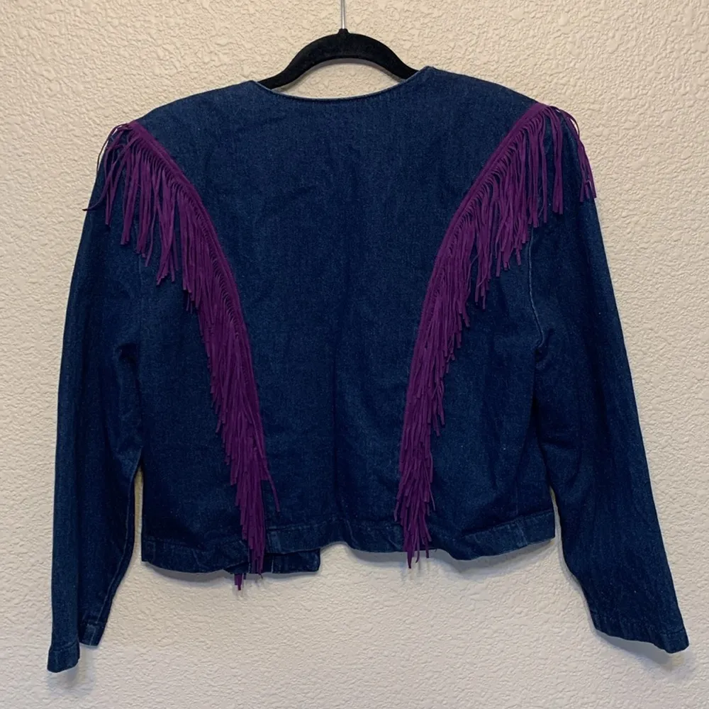 Wanted by Beads Beautiful fringe denim jacket sz L western cowgirlcore 90s Blue Size L - Image 6