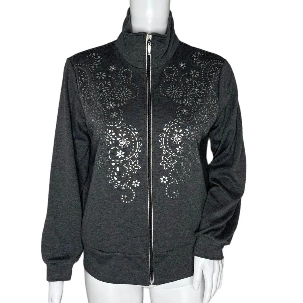 Susan Graver Shirt Womens XS Petite Gray Silver Zip Up Sweatshirt Basic Casual - Image 1