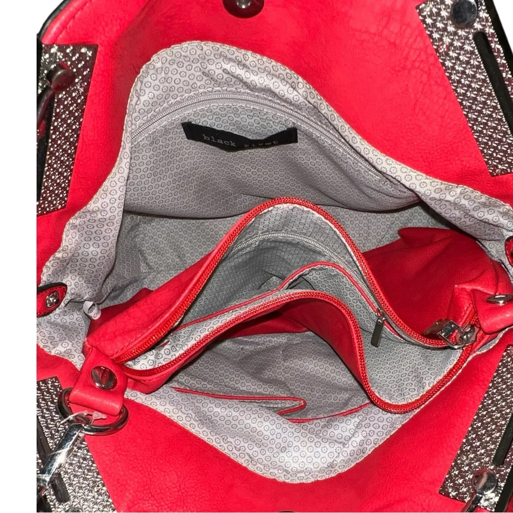Black Rivet red bag with silver hardware and lots of storage spaces for you. - Image 6