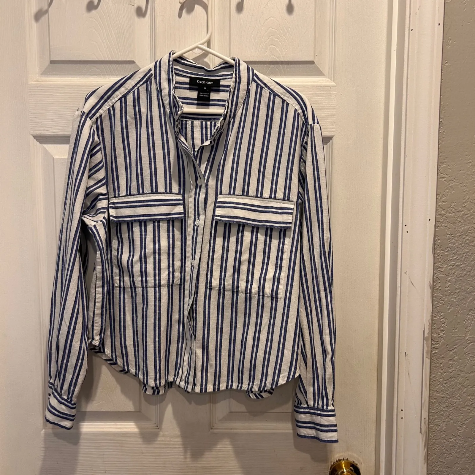 Karen Kane The A Team Striped Button Up Shirt Womens XL Blue White Collarless - Image 6