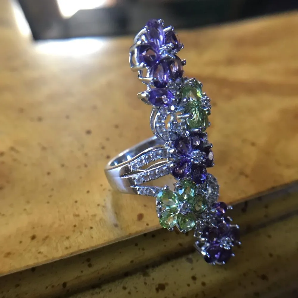 Natural Amethyst Peridot Sterling Silver Cocktail Ring Size 5.25 Purple - Image 7