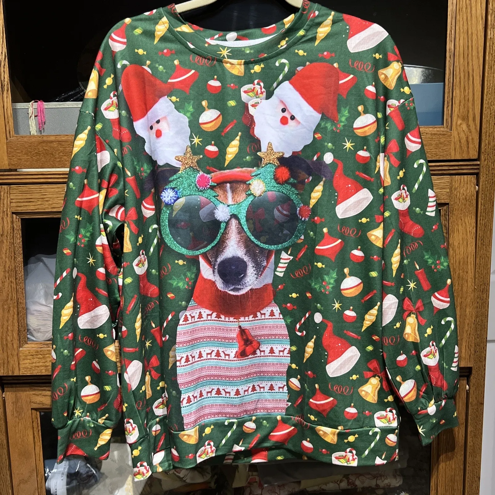 Sunglasses Dog Ugly Christmas Pullover Women’s M New Green Size M - Image 4
