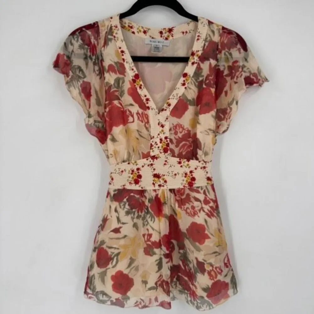VTG Nine‎ West Y2K Fairy Core Whimsy Silk Floral baby doll blouse Small Size 6 - Image 4