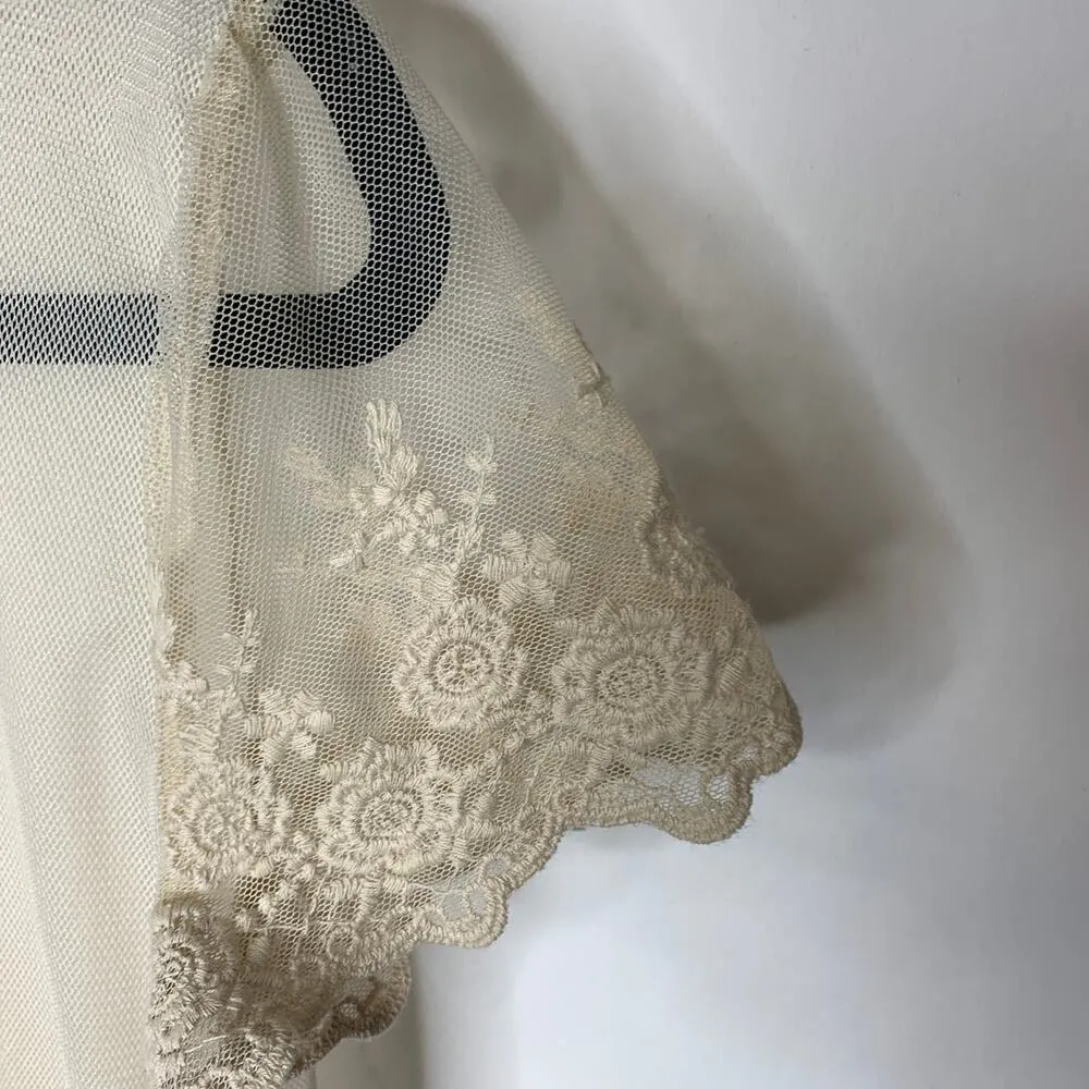 Mesh Sheer Beige Lace Tiered Ruffle Dress Sz Medium Cottagecore Fairy - Image 10