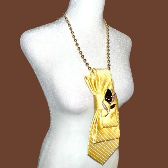 “Dainty Dapper”bold silky look yellow necktie necklace with beautiful brooch White - Image 5