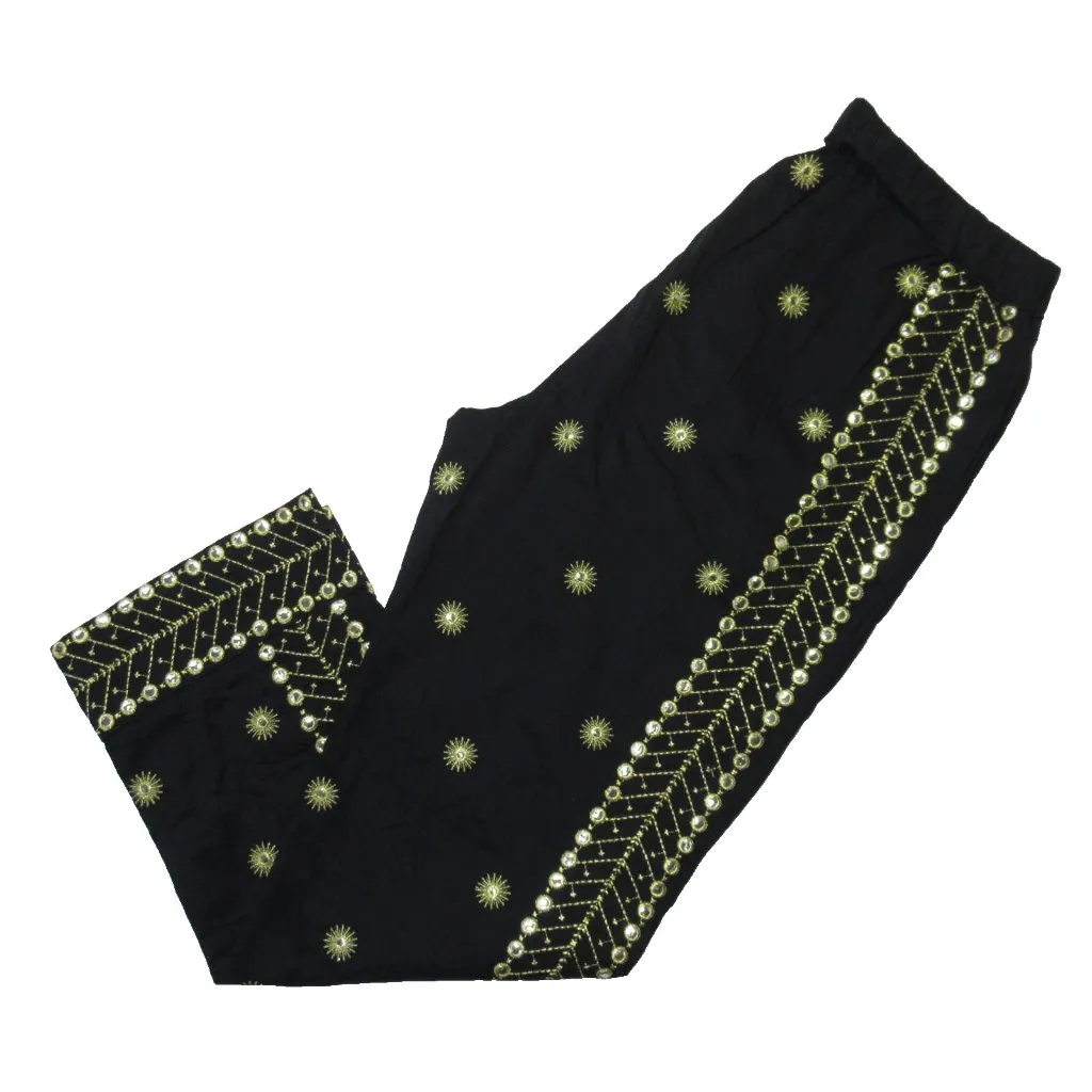 NWT Farm Rio Sun Embroidered Pant in Black Cotton Mirror Embellished Pants L - Image 8