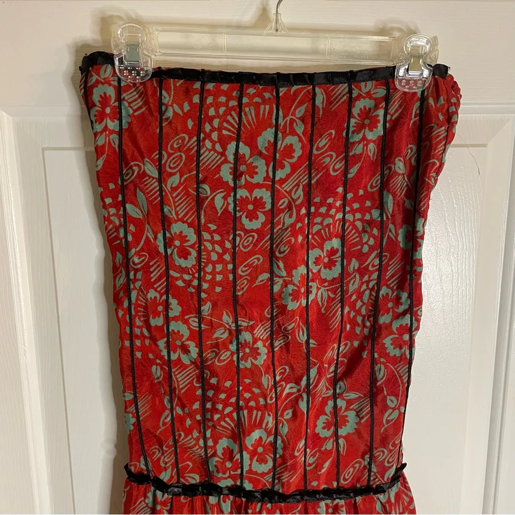 Red and Blue Floral Silk Strapless Dress coquette dress up unique one size Size undefined - Image 3