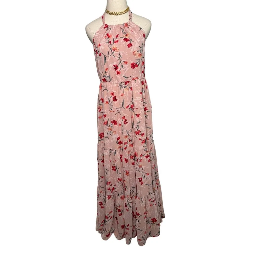 Aakaa halter tie neck backless floral tiered maxi dress size small S - Image 3