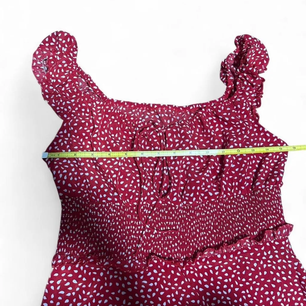 Red/Burgundy Polka Dot Mini Dress – Sweetheart Neckline, Ruffle Sleeves, Medium Red - Image 6
