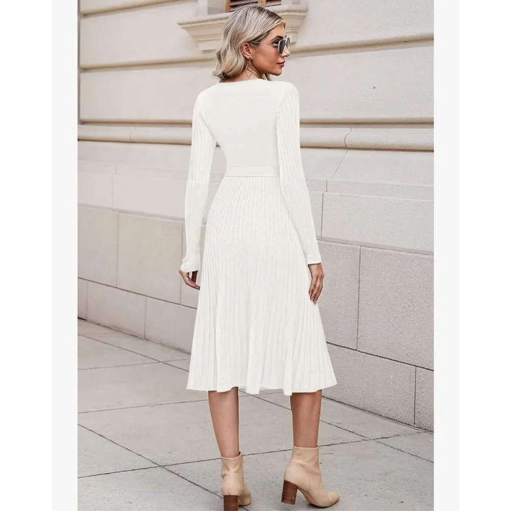 NEW Wrap Sweater Dress Long Sleeve Ribbed Knit Midi Dress NO Belt L White Size L - Image 2