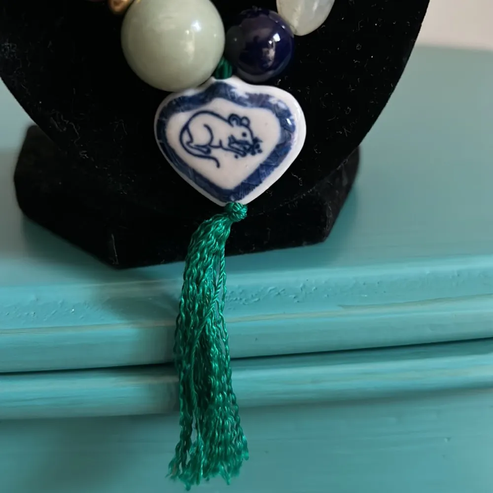 Year of the Rat Pendant Tassel Mixed Gemstone Glass Cloisonné Bead Necklace Green - Image 2