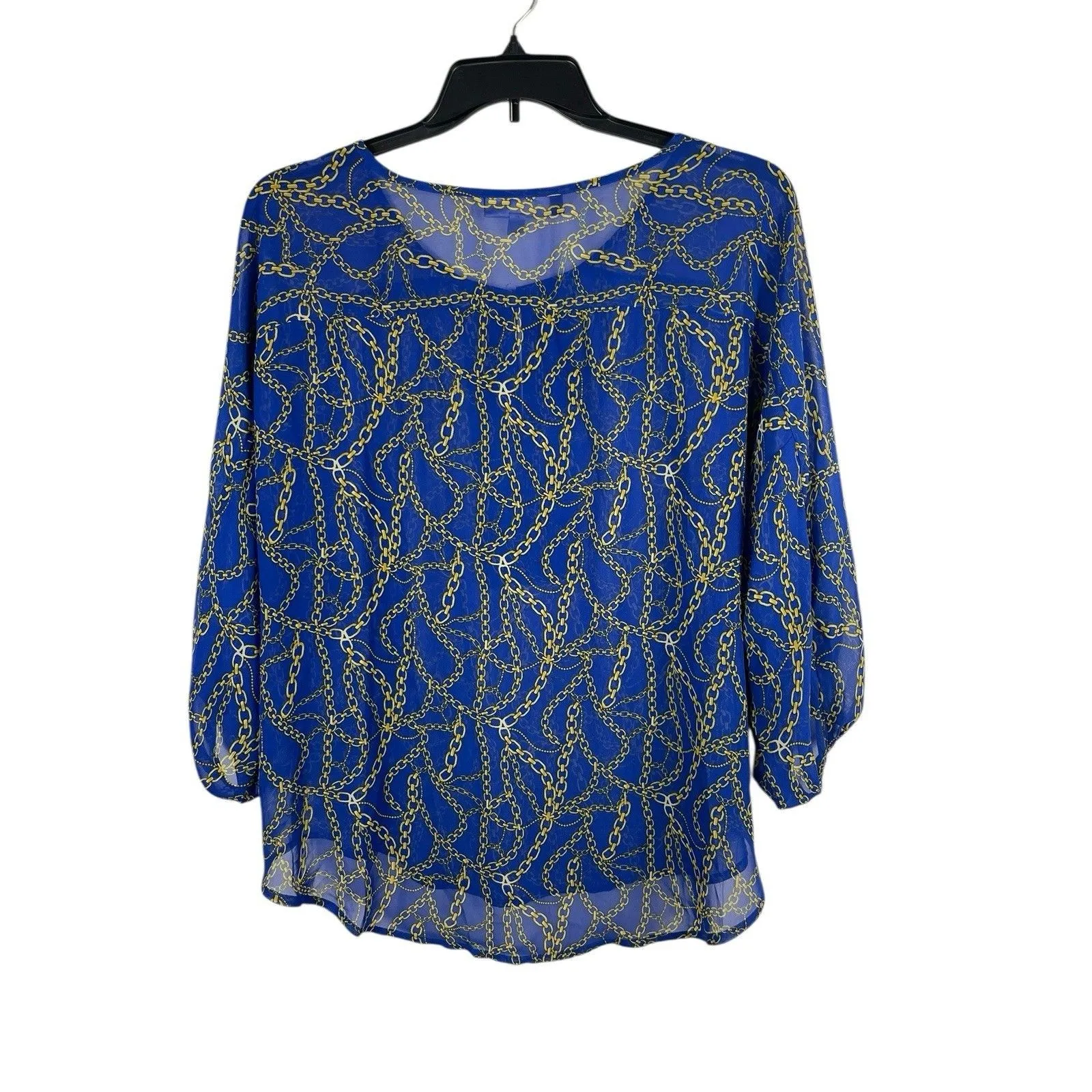 Jennifer Lopez 1X Sheer Blue Gold Chain Print Equestrian Nautical Mob Wife Top - Image 3