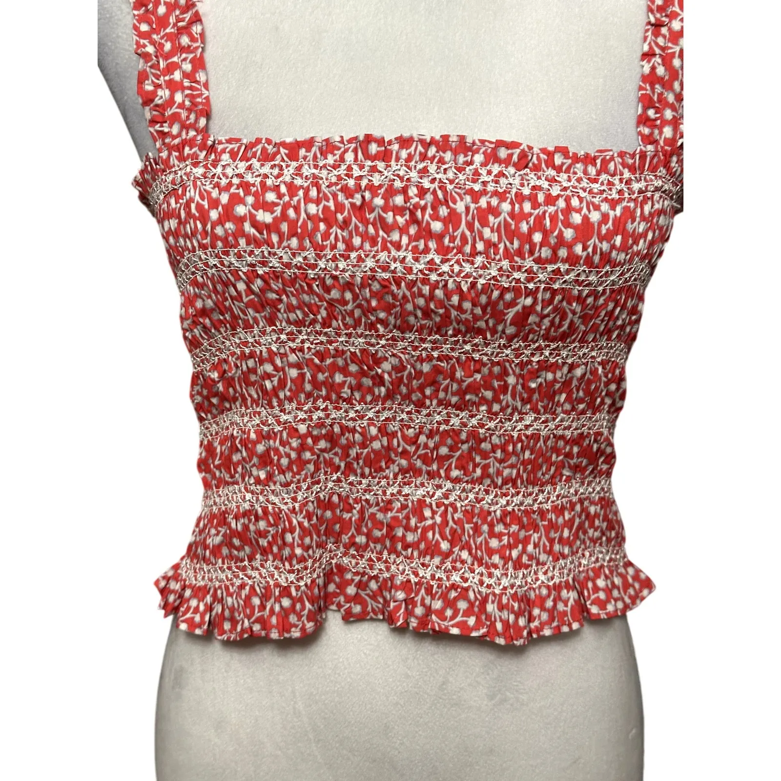 French Connection Smocked Sleeveless Crop Top 100% Cotton Square Neck Red 8 NWT - Image 4